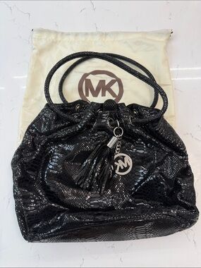 Michael Kors Black Snake-Embossed Drawstring Shoulder Bag with Tassel Charm